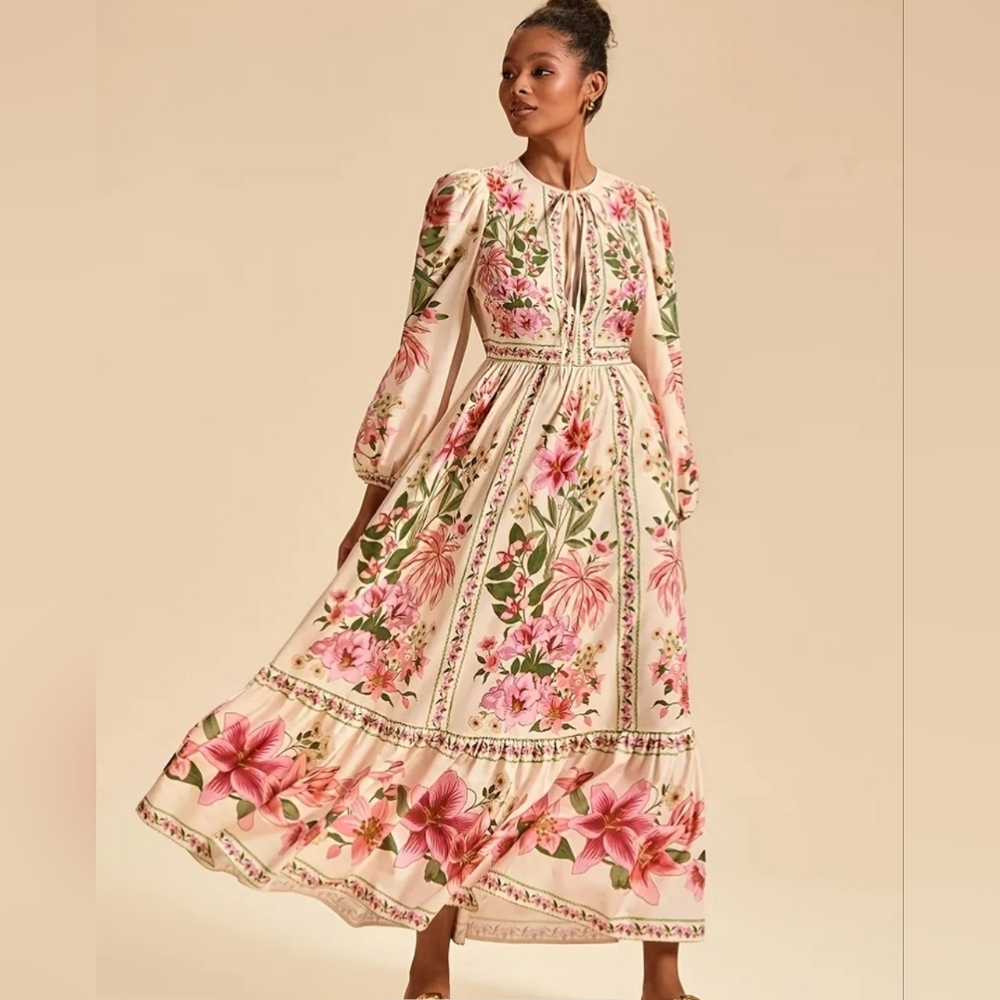 Floral Long Sleeve Maxi Dress in Cream and Pink - Picture 2 of 14